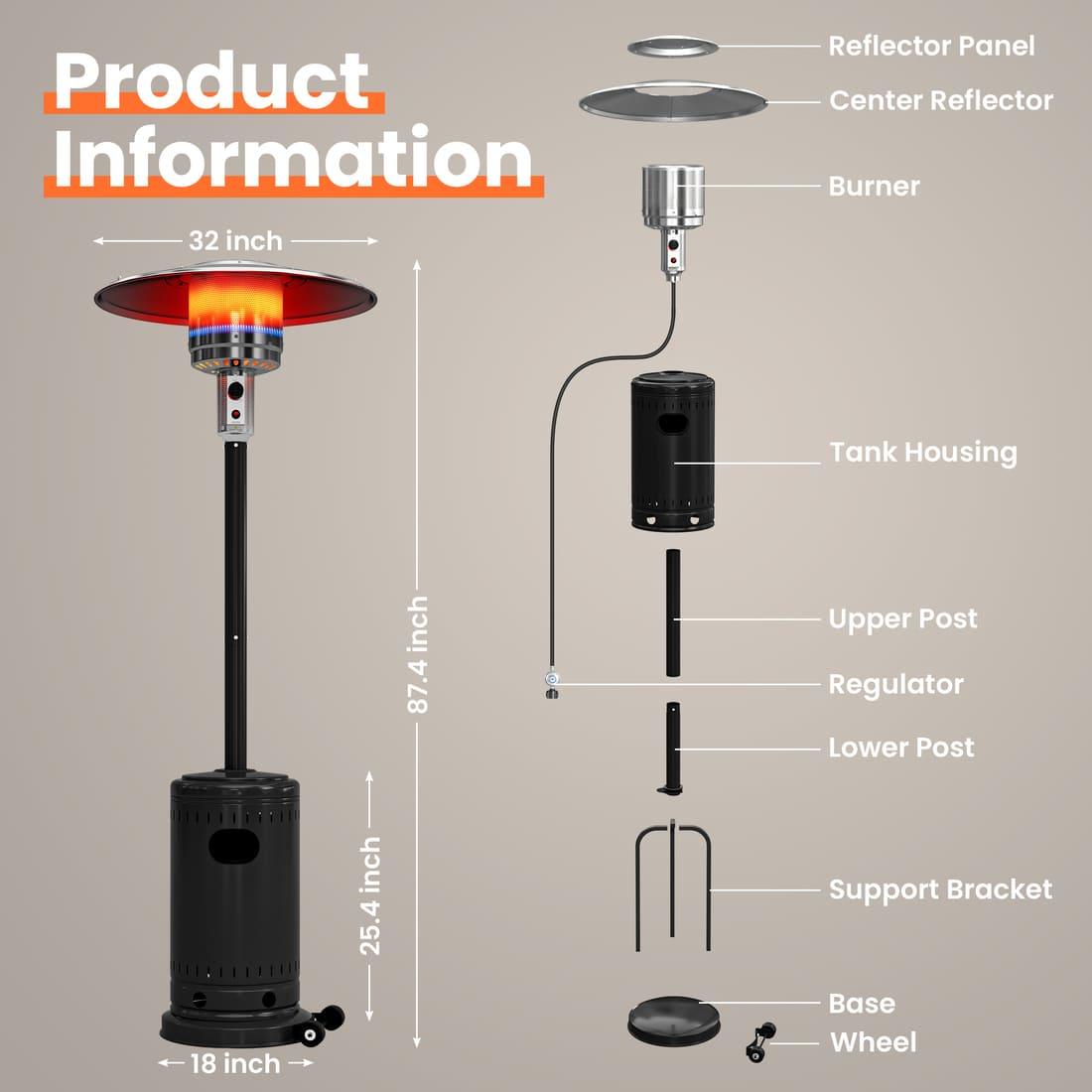 Pamapic 48000 BTU Propane Freestanding Patio Heater with Cover & Wheels for Outside Decks
