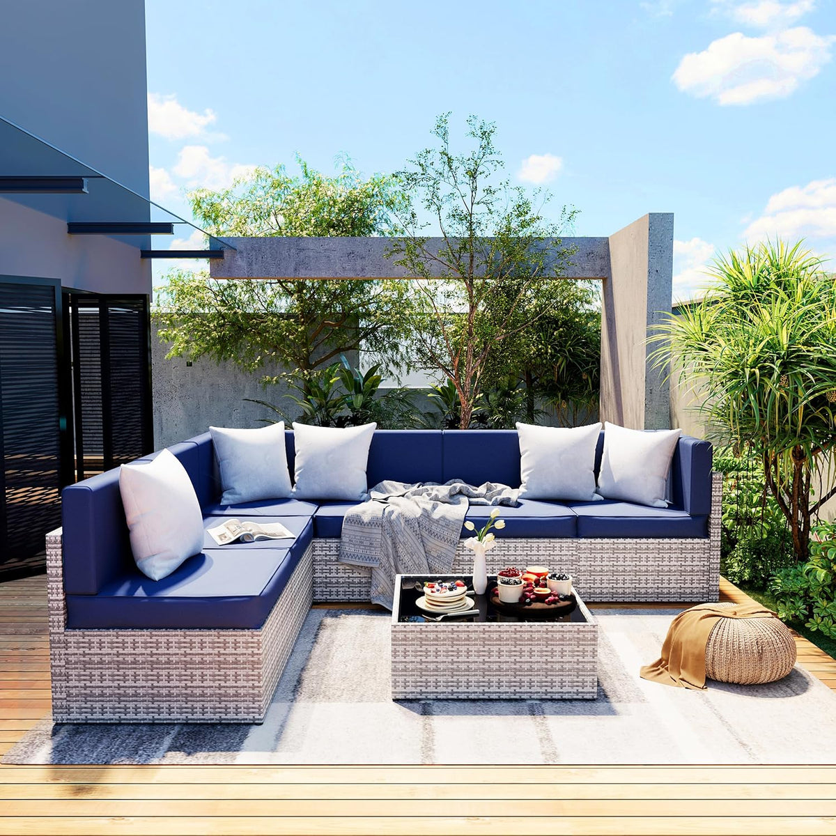 Pamapic Rattan Outdoor Sectional Couch Set  (7 Pieces)