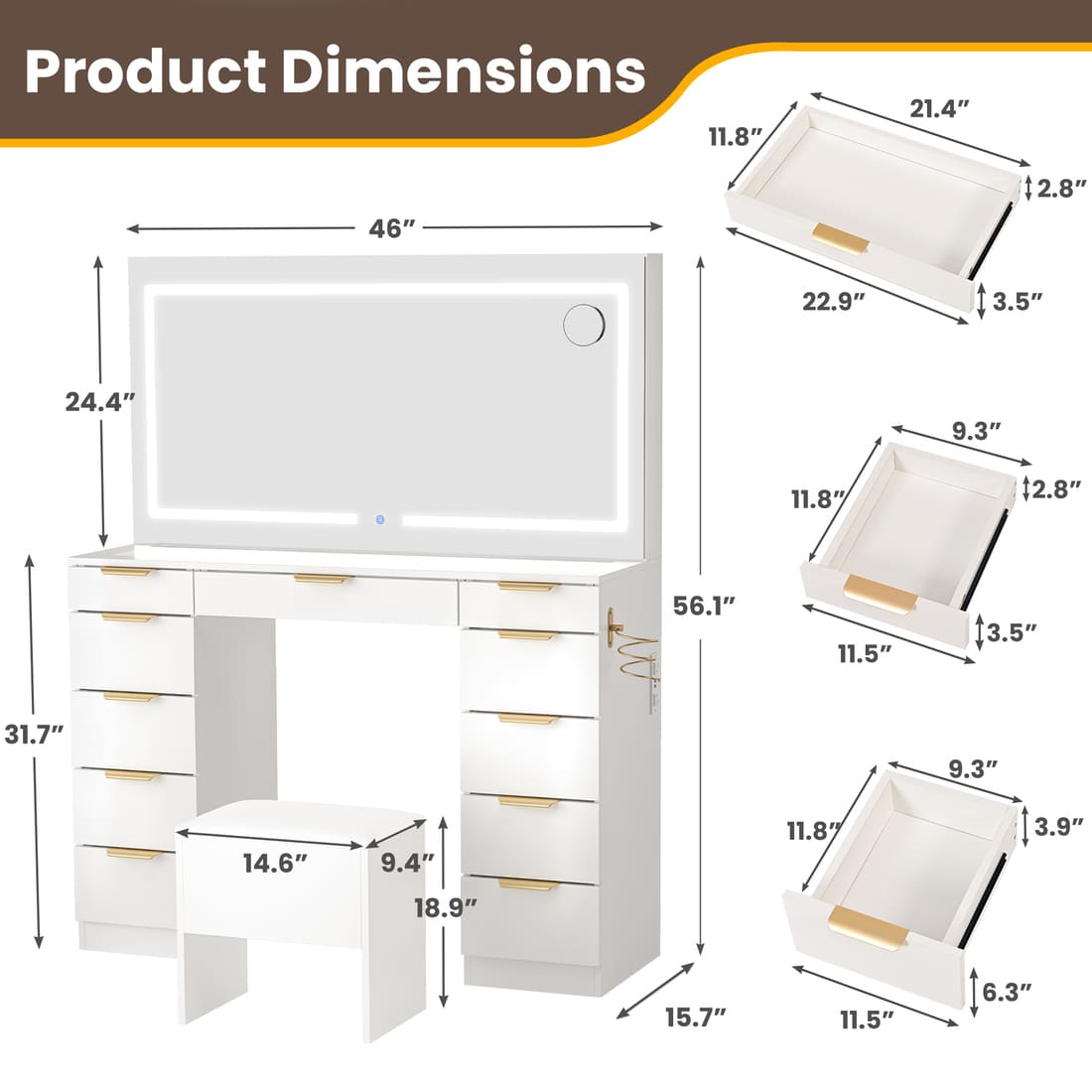 11-Drawer Makeup Vanity Desk with Gold Handles