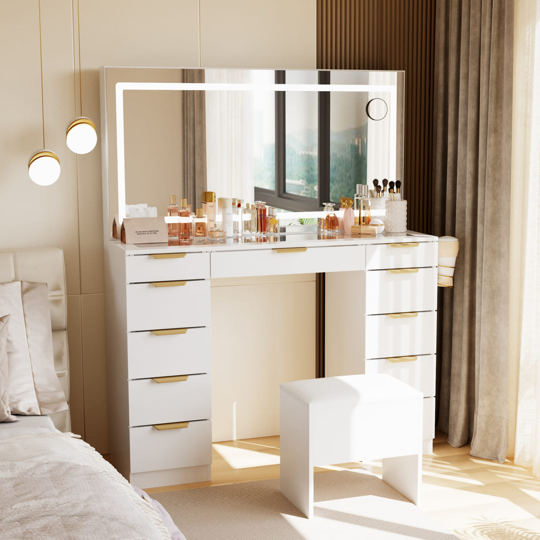 11-Drawer Makeup Vanity Desk with Gold Handles