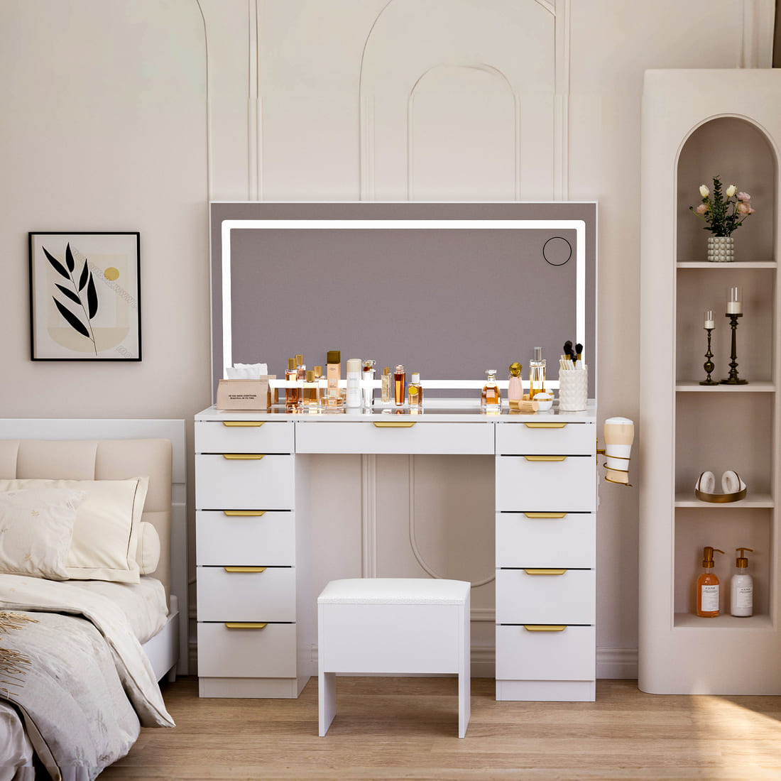 11-Drawer Makeup Vanity Desk with Gold Handles