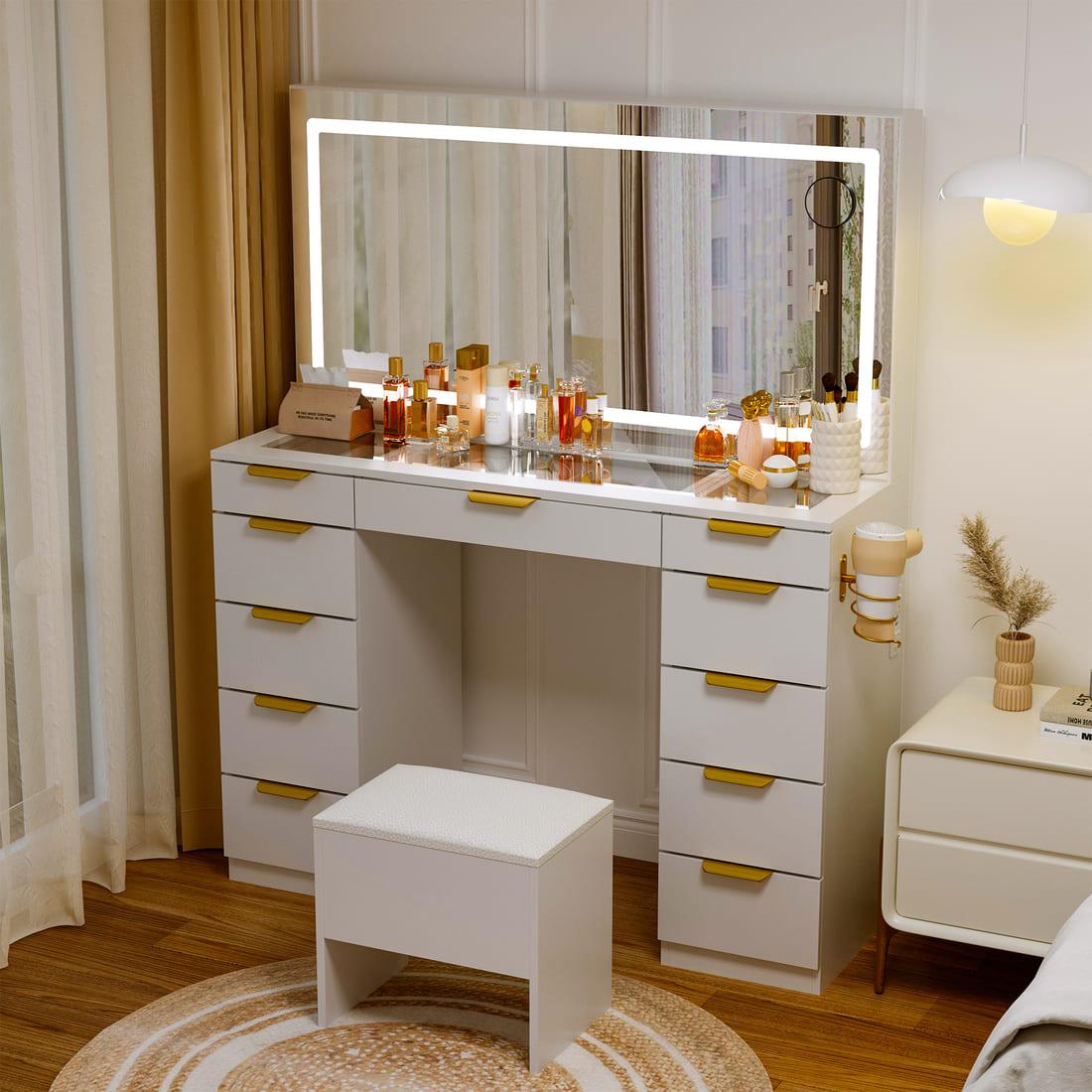 11-Drawer Makeup Vanity Desk with Gold Handles