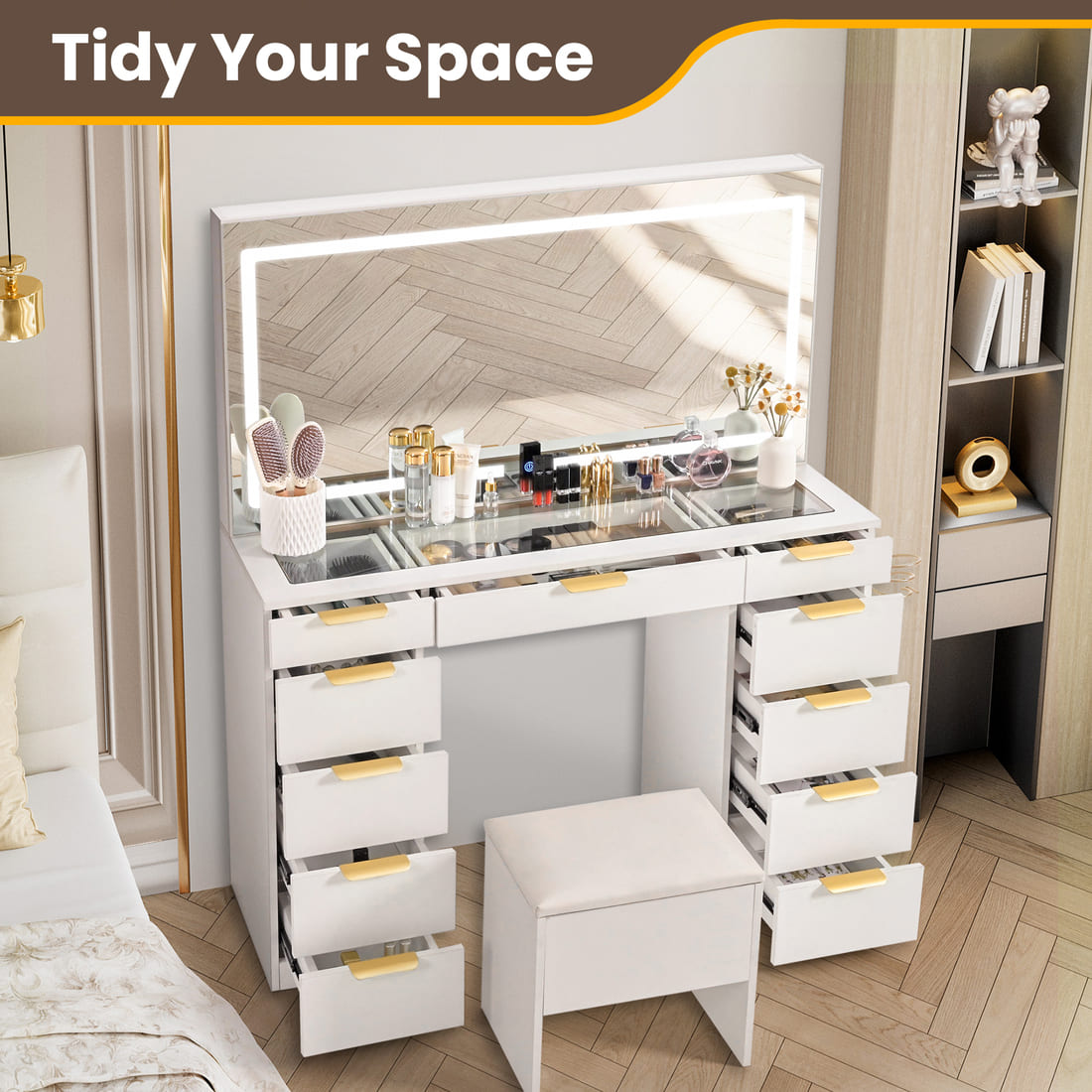 11-Drawer Makeup Vanity Desk with Gold Handles
