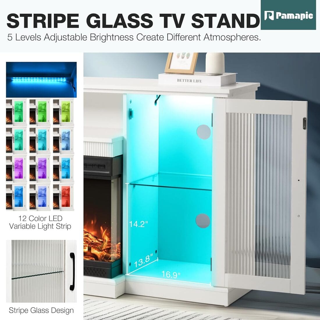 Pamapic 3-Sided Electric Fireplace TV Stand, Farmhouse Entertainment Center with 36" LED Fireplace & Glass Doors for Living Room
