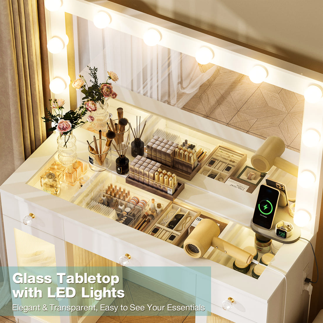 Makeup Vanity Desk with 12-Bulb Lighted Mirror