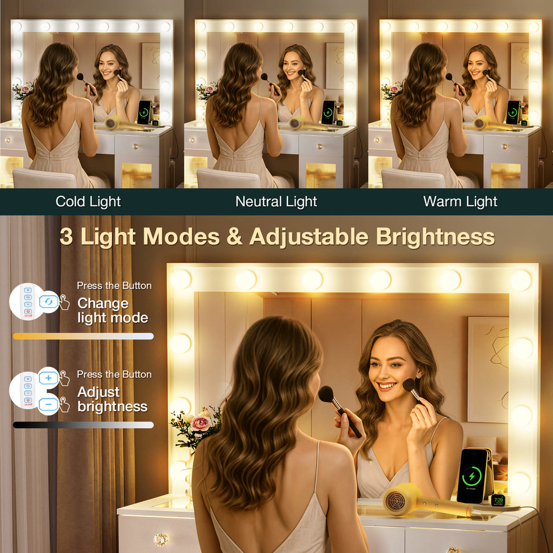 Makeup Vanity Desk with 12-Bulb Lighted Mirror
