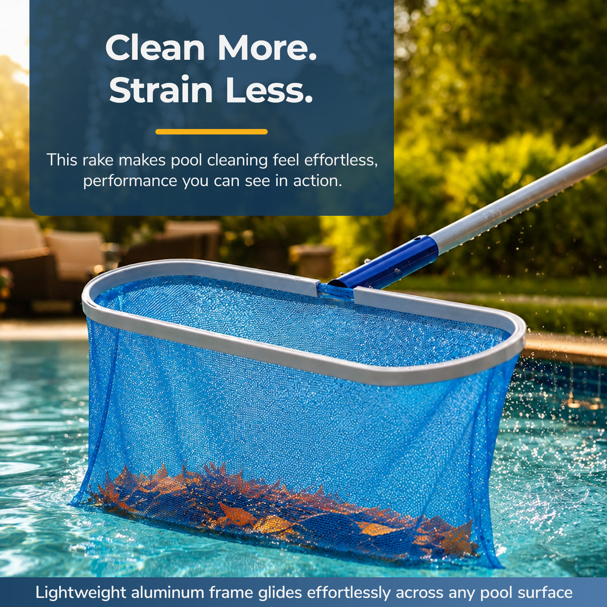 Aluminum Deep Pool Bag Rake with Chemical-Resistant Mesh, feature detail (image 2)