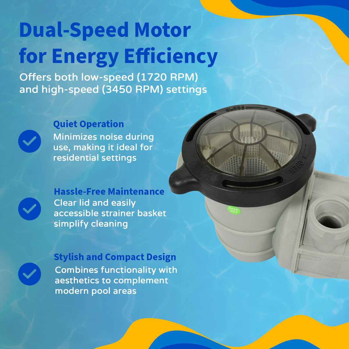 Tidal Wave Maxi II 1.0HP Above Ground Dual Speed Pool Pump, feature detail (image 6)