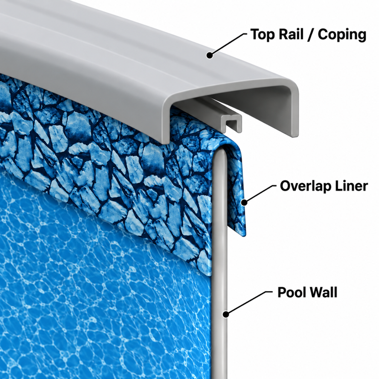 Cutaway of an overlap liner: the liner folds over the top of the pool wall and the top rail or coping fits down over it.